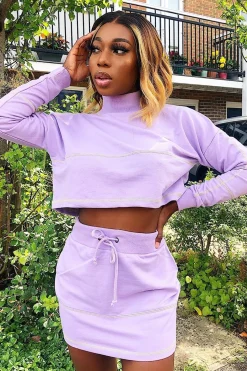 Rebellious Fashion Lilac Lime Contrast Stitch Crop Jumper Skirt Co-ord - Keva