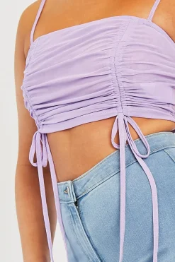 Rebellious Fashion Lilac Mesh Ruched Square Neck Crop Top - Leyna