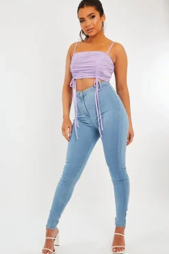 Rebellious Fashion Lilac Mesh Ruched Square Neck Crop Top - Leyna