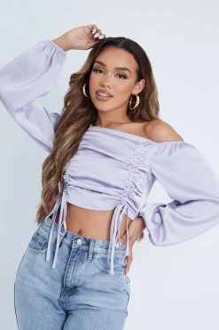 Rebellious Fashion Lilac Off The Shoulder Front Ruching Crop Top - Maxie