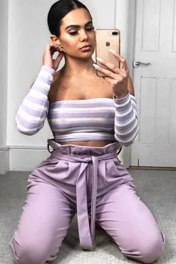 Rebellious Fashion Lilac Paper Bag Tie Waist Cigarette Trousers - Karmen