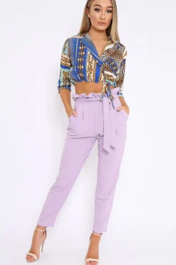 Rebellious Fashion Lilac Paper Bag Tie Waist Cigarette Trousers - Karmen