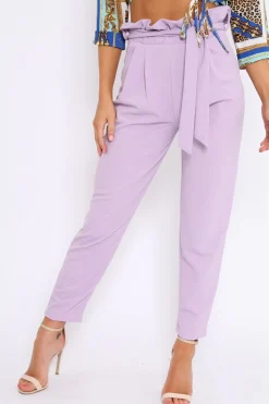 Rebellious Fashion Lilac Paper Bag Tie Waist Cigarette Trousers - Karmen