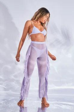Rebellious Fashion Lilac 3 Piece Bikini & Mesh Cover Up Trouser Set - Avalon