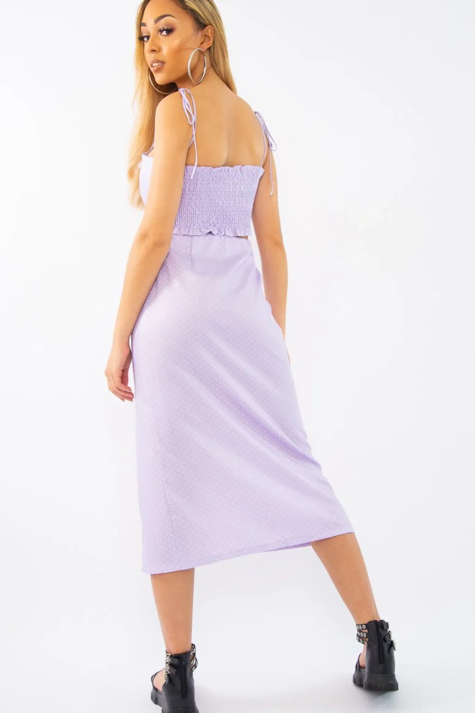 Rebellious Fashion Lilac Polka Midi Skirt and Crop Top Co-ord - Viktoriya