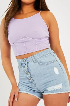 Rebellious Fashion Lilac Ribbed Corset Racer Crop Top - Frida