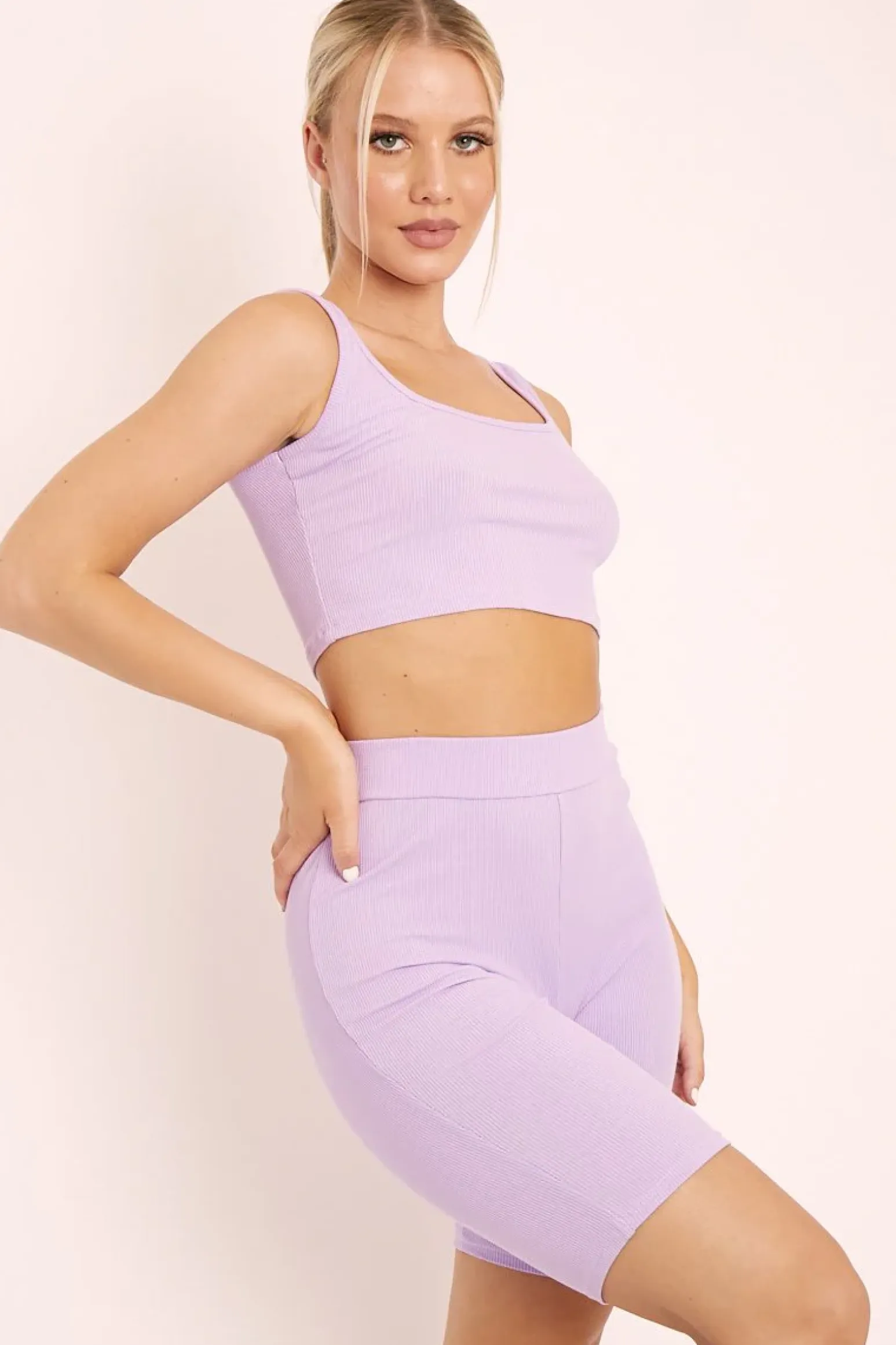 Rebellious Fashion Lilac Ribbed Crop Top and Cycling Shorts Co-ord - Nina