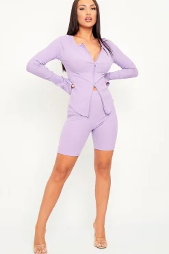 Rebellious Fashion Lilac Ribbed Double Zip Top Cycling Short Co-ord - Jamia