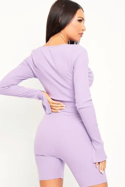 Rebellious Fashion Lilac Ribbed Double Zip Top Cycling Short Co-ord - Jamia
