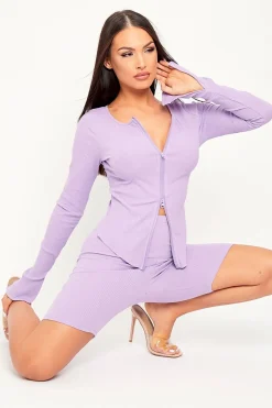 Rebellious Fashion Lilac Ribbed Double Zip Top Cycling Short Co-ord - Jamia