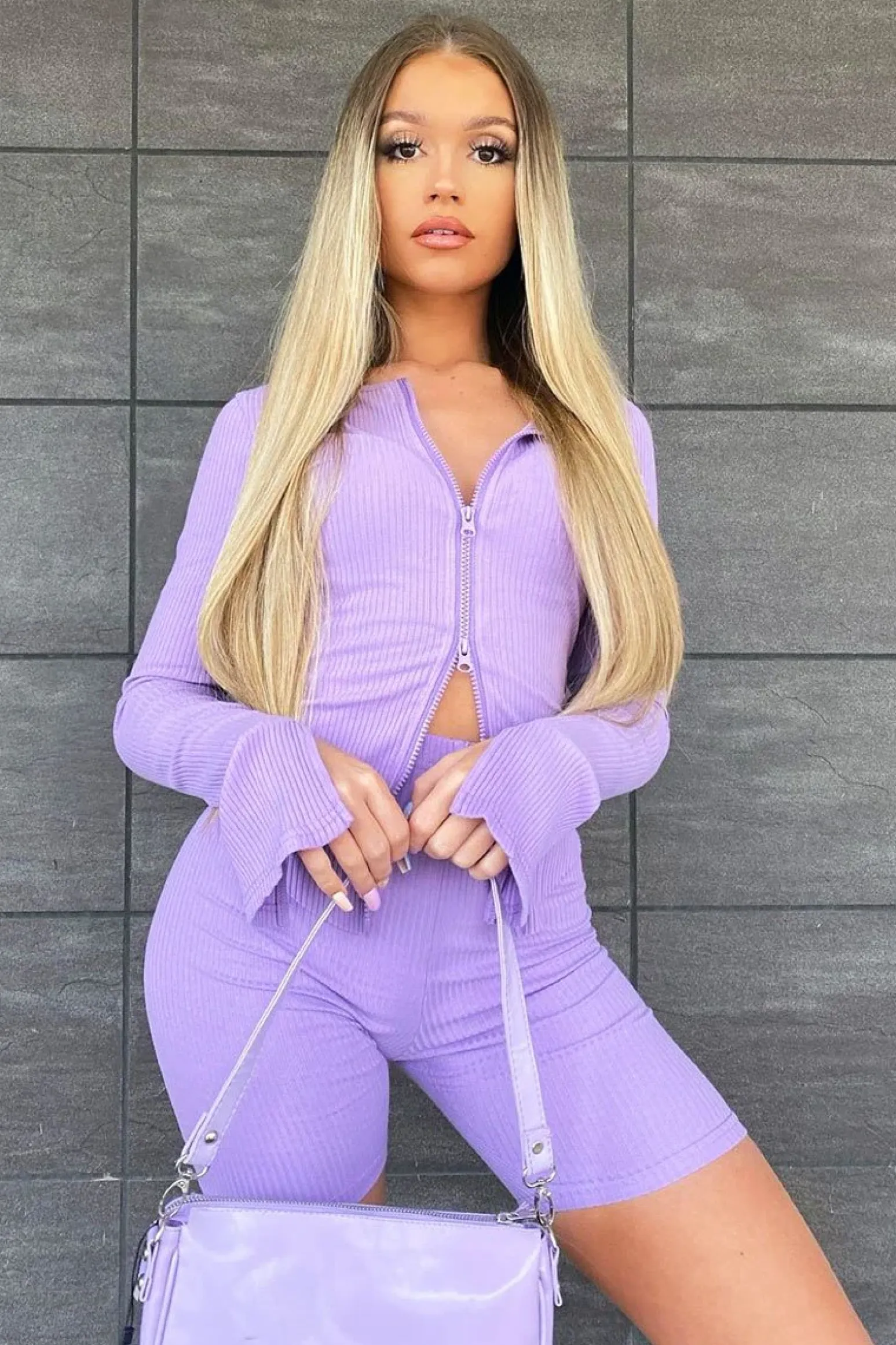 Rebellious Fashion Lilac Ribbed Double Zip Top Cycling Short Co-ord - Jamia