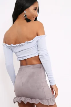 Rebellious Fashion Lilac Ribbed Frill Bardot Crop Top - Cassidy