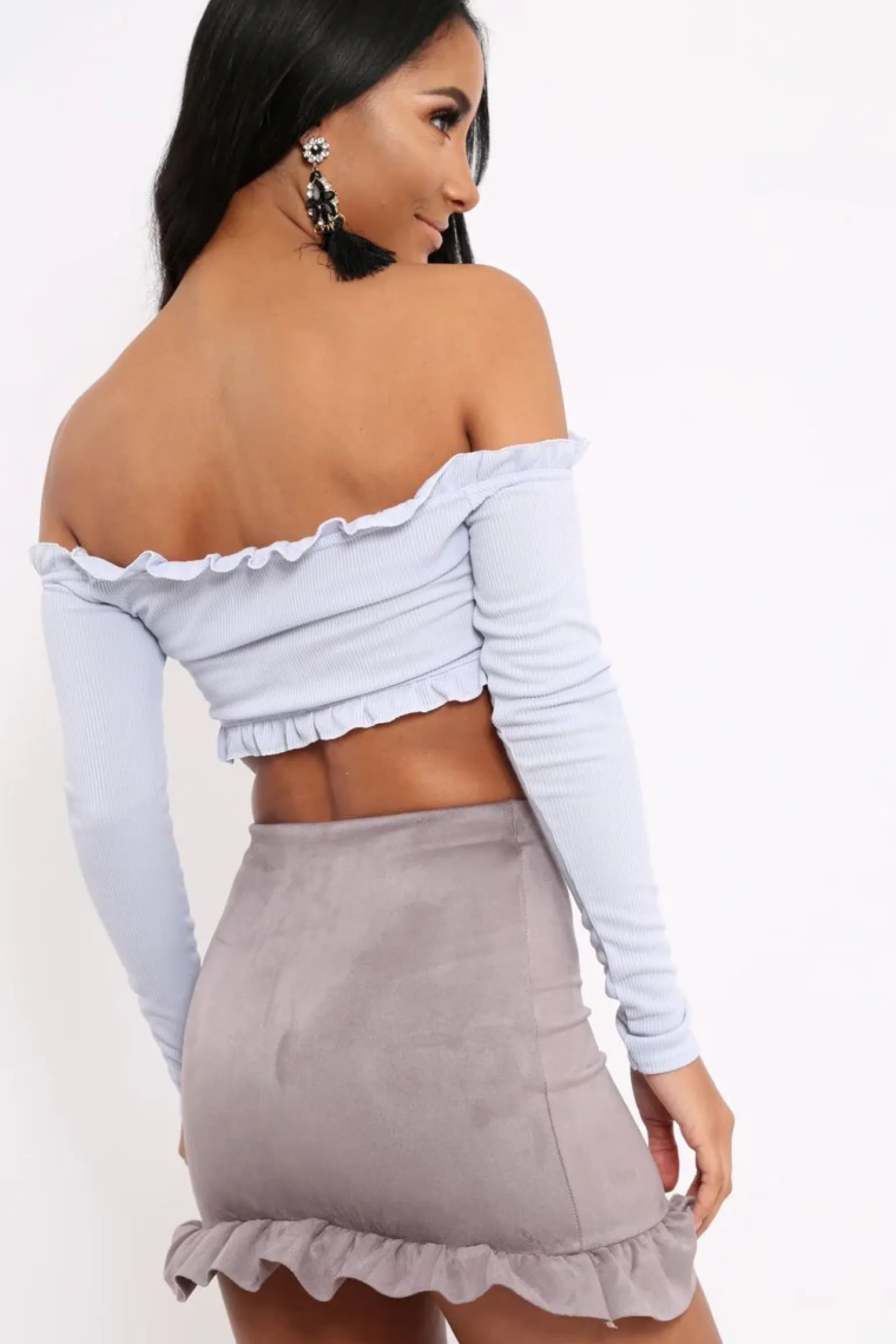 Rebellious Fashion Lilac Ribbed Frill Bardot Crop Top - Cassidy