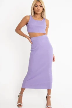 Rebellious Fashion Lilac Rib Knit Crop Top Midi Skirt Co-Ord - Larissa