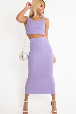 Rebellious Fashion Lilac Rib Knit Crop Top Midi Skirt Co-Ord - Larissa