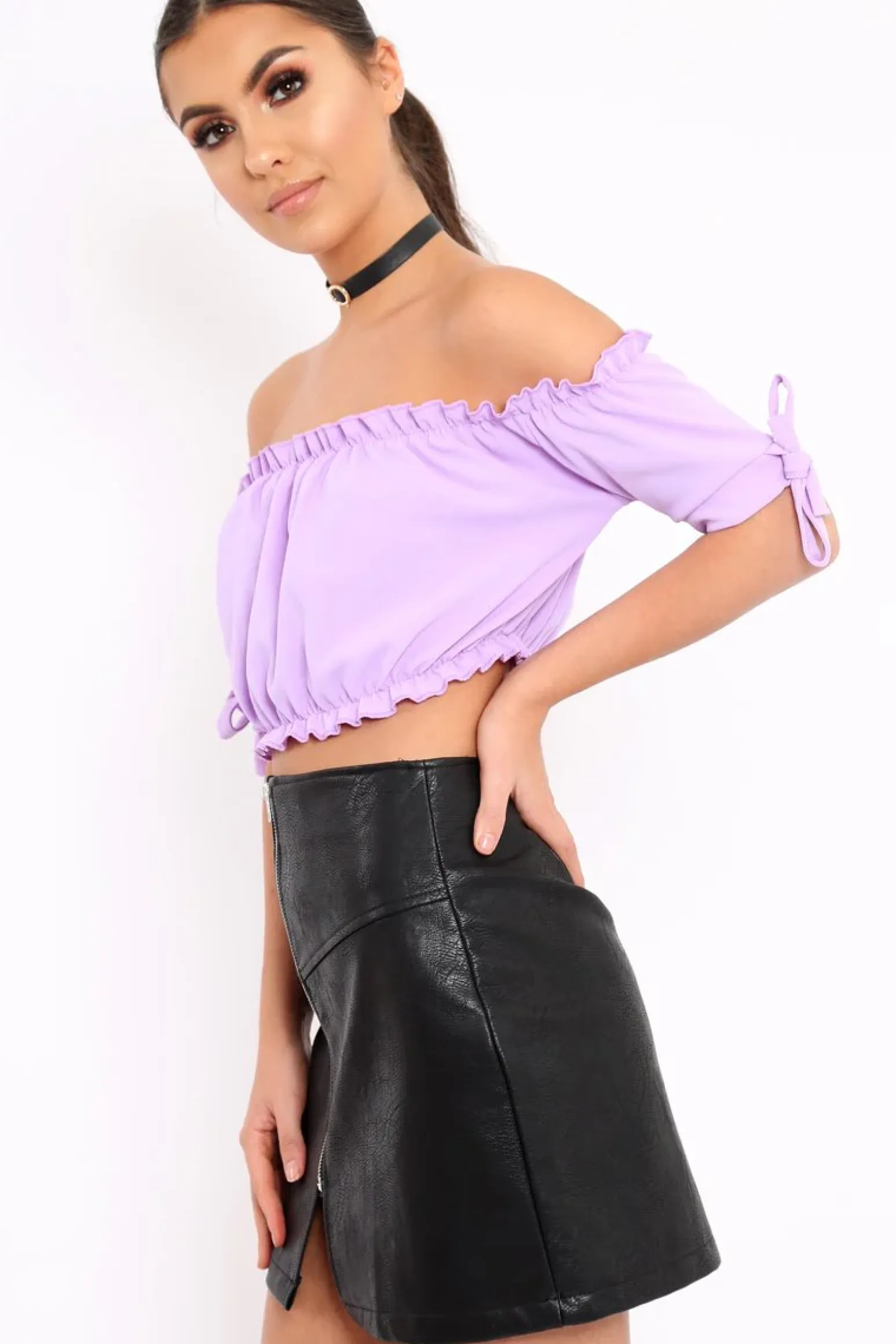 Rebellious Fashion Lilac Ruched Bardot Gypsy Crop Top - Janette