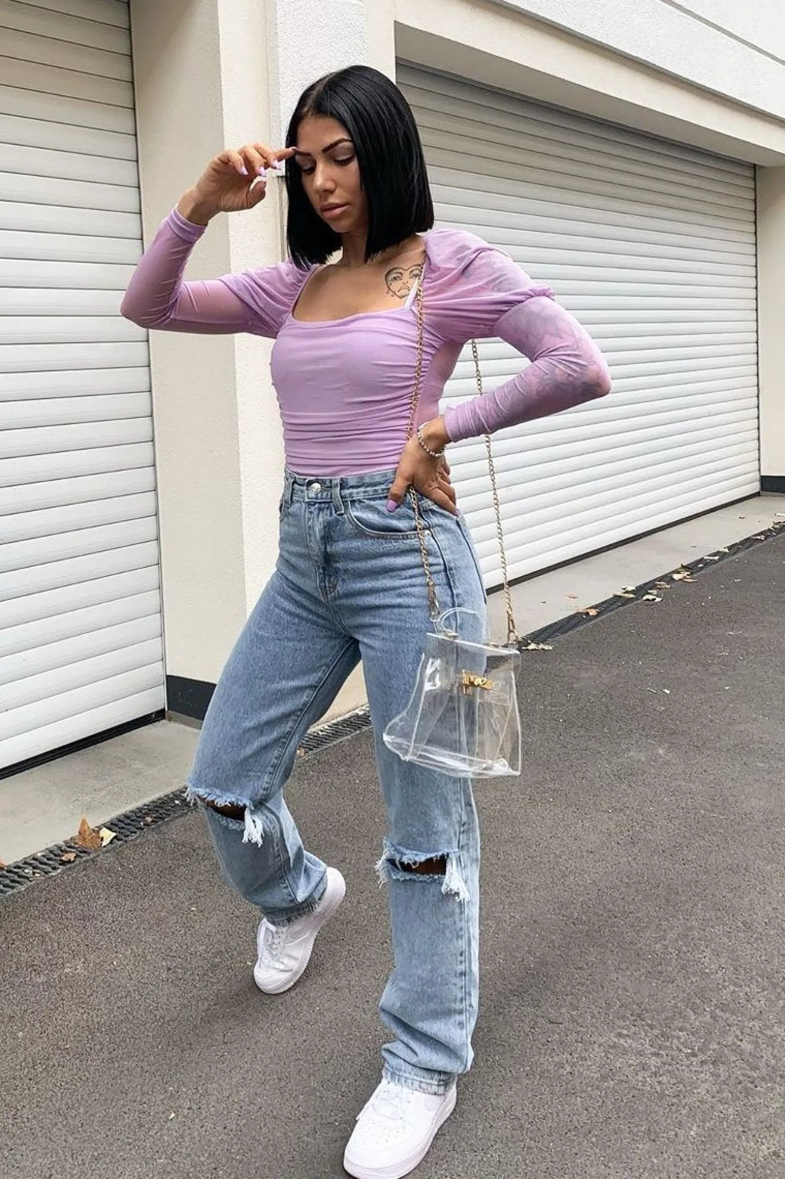 Rebellious Fashion Lilac Ruched Body Mesh Sleeve Bodysuit - Raeya