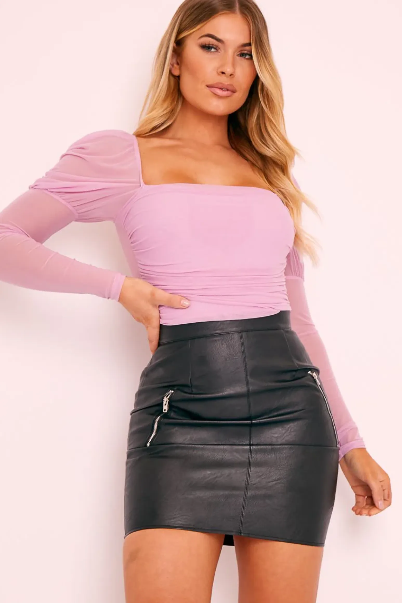Rebellious Fashion Lilac Ruched Body Mesh Sleeve Bodysuit - Raeya