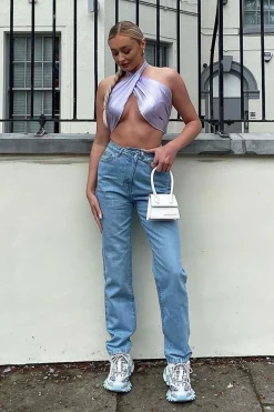 Rebellious Fashion Lilac Satin Bandana Halterneck Crop Top - Charlise