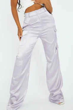 Rebellious Fashion Lilac Satin Straight Leg Cargo Trousers - Harlyn