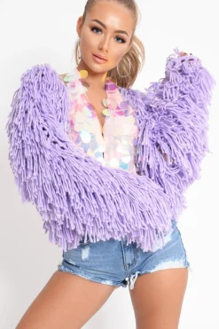 Rebellious Fashion Lilac Shaggy Crop Jacket - Neha