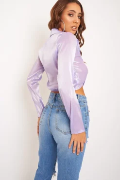 Rebellious Fashion Lilac Shimmery Tie Front Slinky Blouse - Maddie