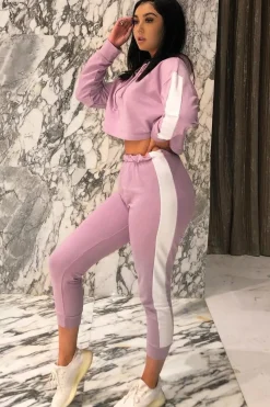 Rebellious Fashion Lilac Side Stripe Cropped Hoodie and Jogger Set - Darshi