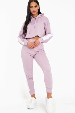 Rebellious Fashion Lilac Side Stripe Cropped Hoodie and Jogger Set - Darshi