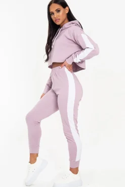 Rebellious Fashion Lilac Side Stripe Cropped Hoodie and Jogger Set - Darshi