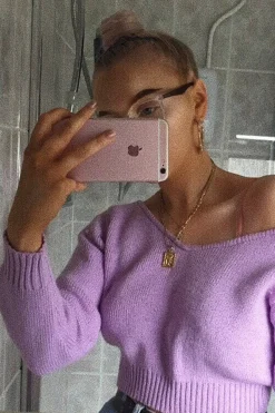 Rebellious Fashion Lilac V Neck Off Shoulder Knitted Cropped Jumper - Kirby