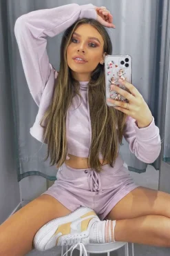 Rebellious Fashion Lilac White Stripe Cropped Hoodie and Shorts Loungewear Co-ord - Dariella