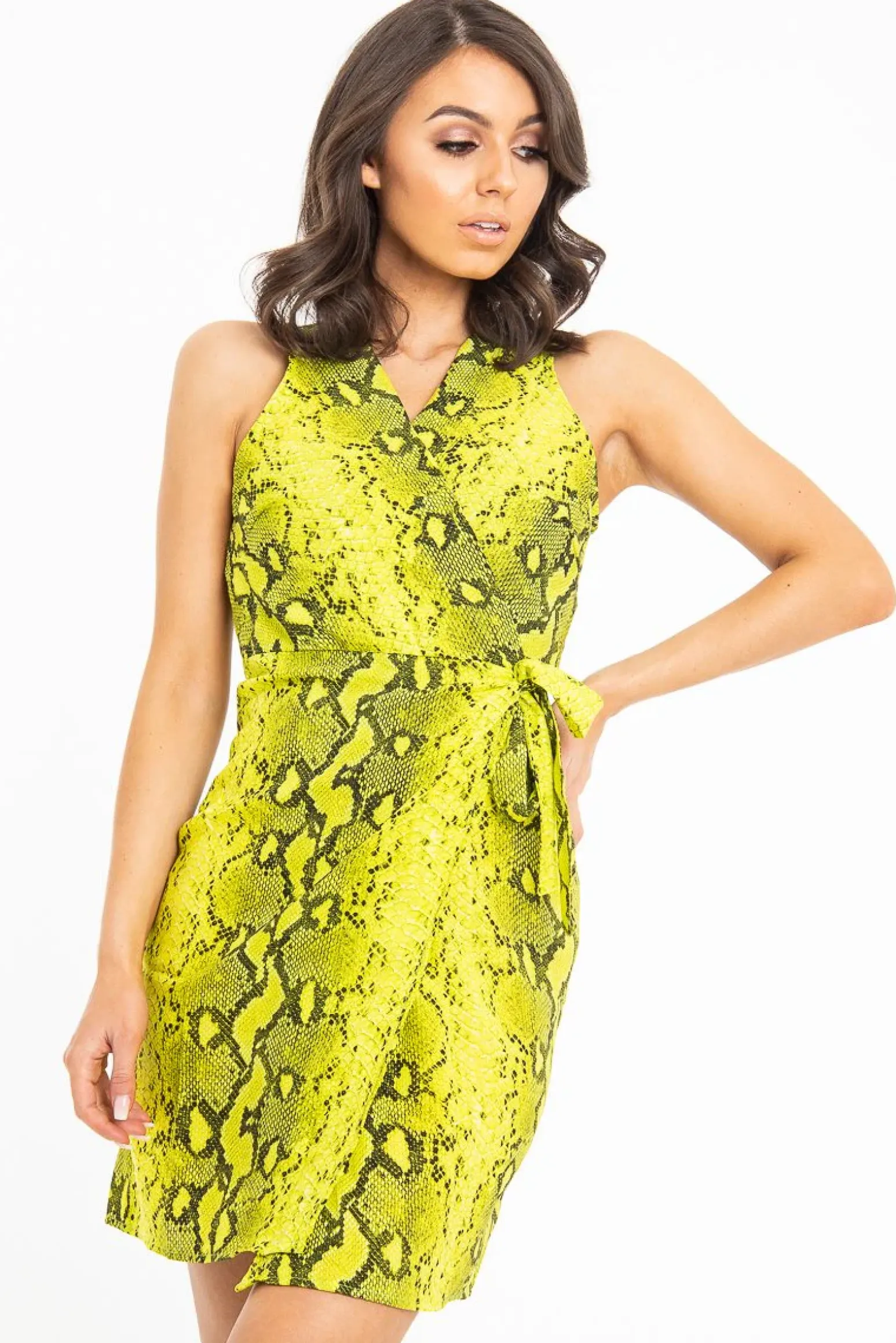 Rebellious Fashion Lime Snake Print Wrap Tie Front Sleeveless Dress - Jayde