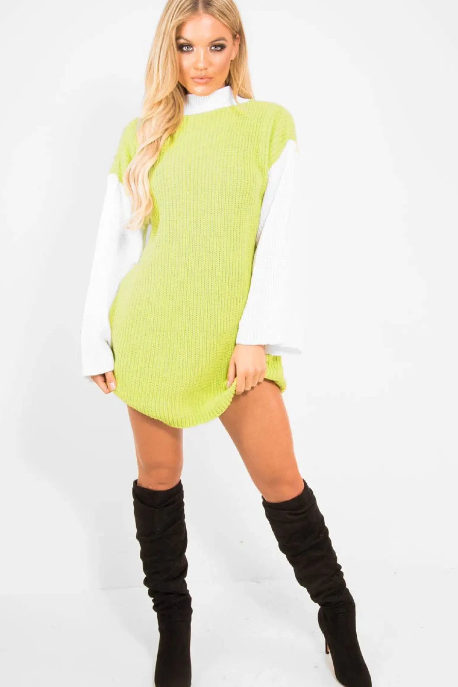 Rebellious Fashion Lime And White Knitted High Neck Oversized Jumper - Cerina