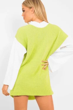Rebellious Fashion Lime And White Knitted High Neck Oversized Jumper - Cerina