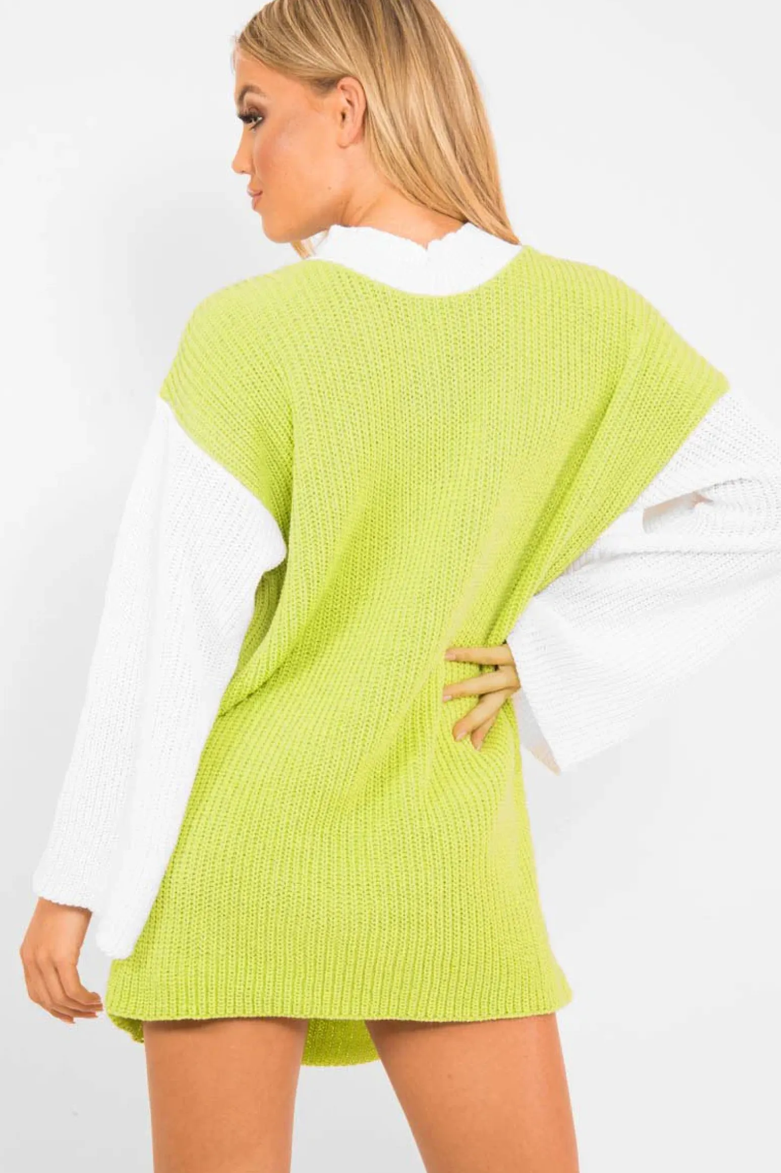 Rebellious Fashion Lime And White Knitted High Neck Oversized Jumper - Cerina