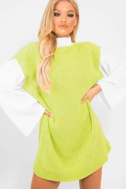 Rebellious Fashion Lime And White Knitted High Neck Oversized Jumper - Cerina