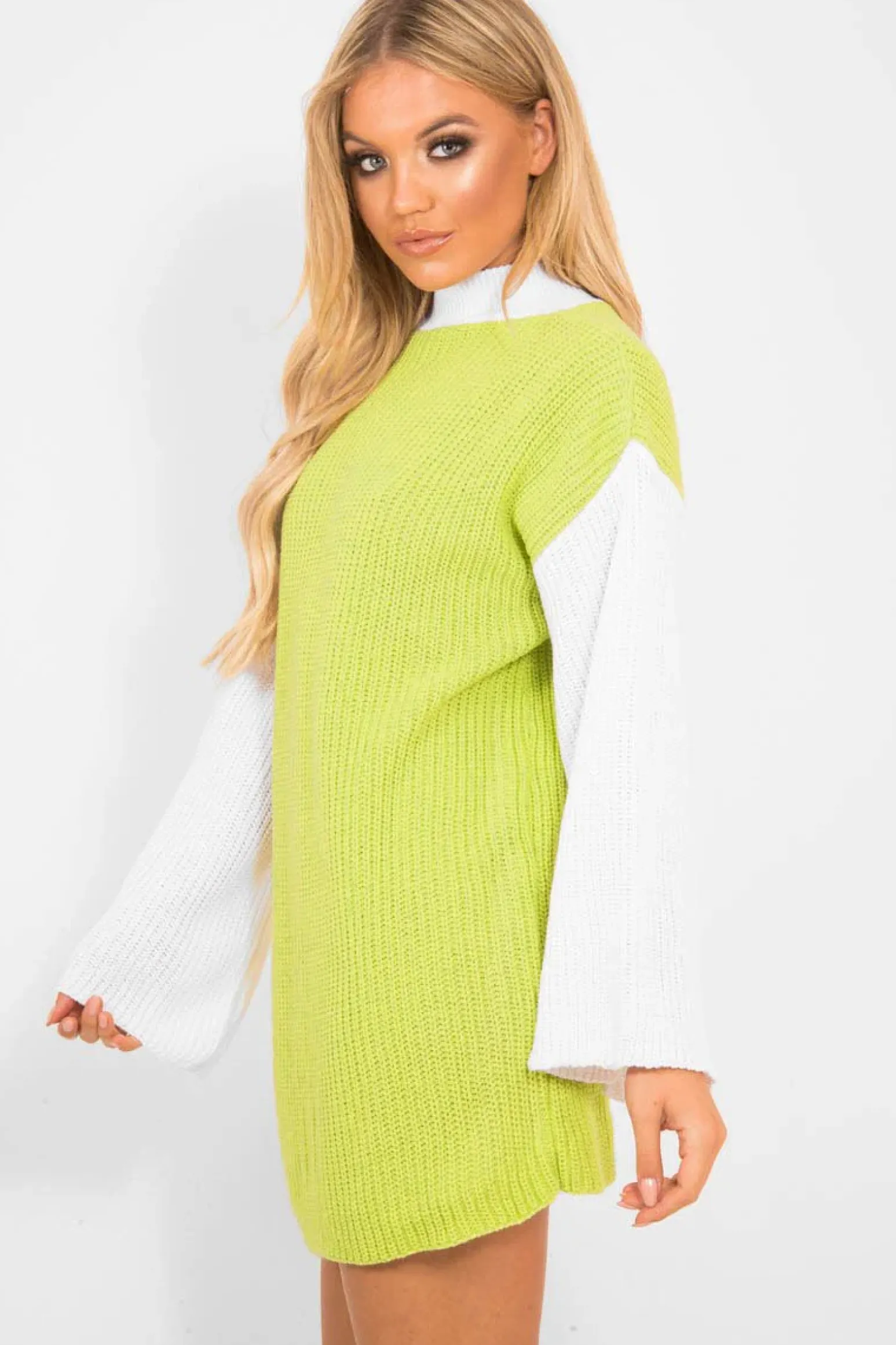 Rebellious Fashion Lime And White Knitted High Neck Oversized Jumper - Cerina