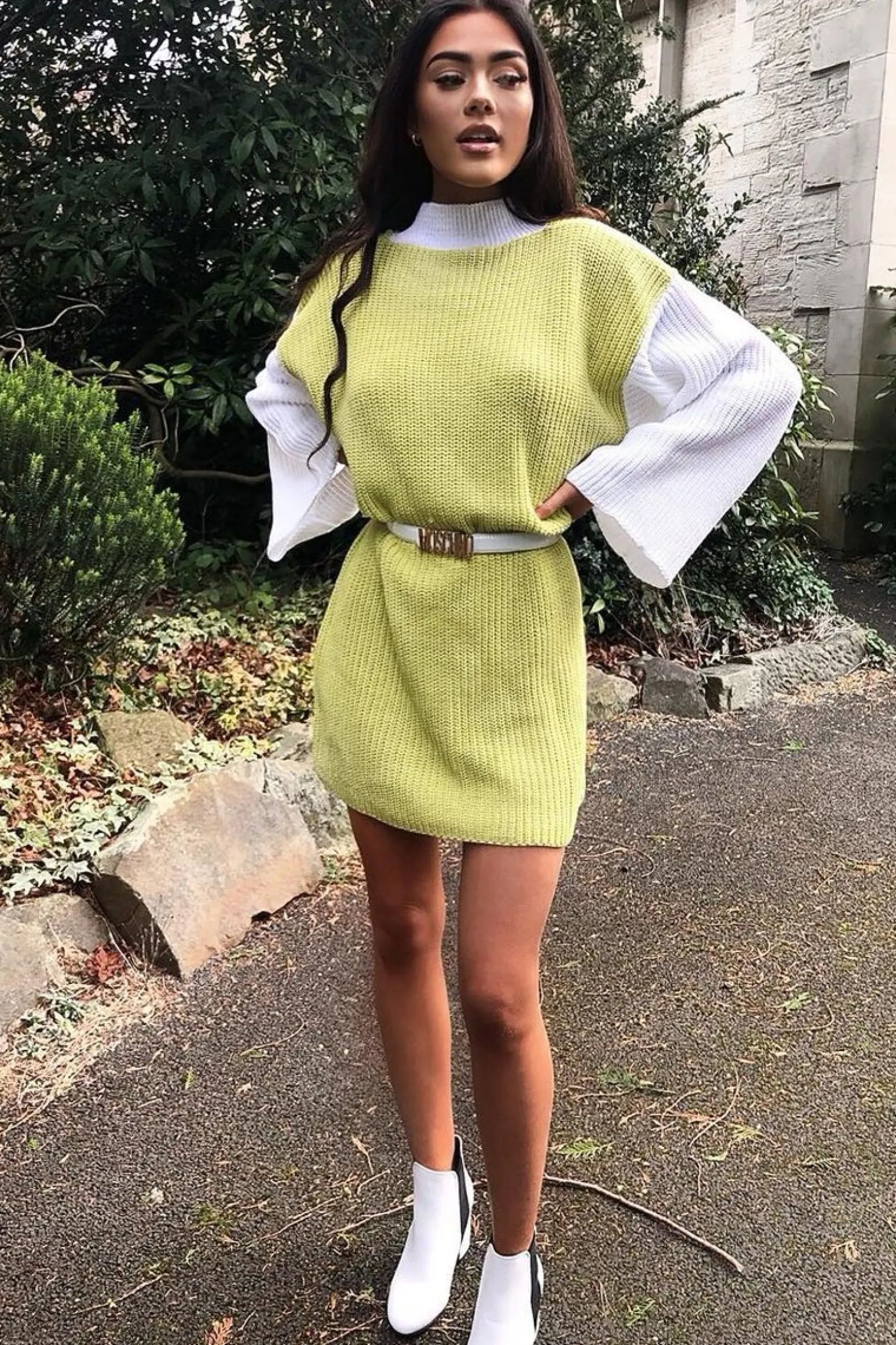 Rebellious Fashion Lime And White Knitted High Neck Oversized Jumper - Cerina