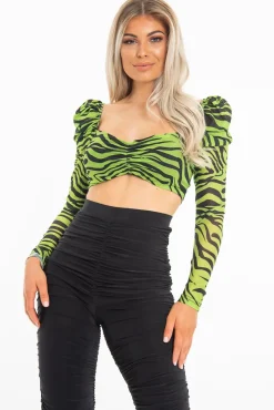 Rebellious Fashion Lime Animal Print Mesh Puff Sleeve Crop Top - Kiarra