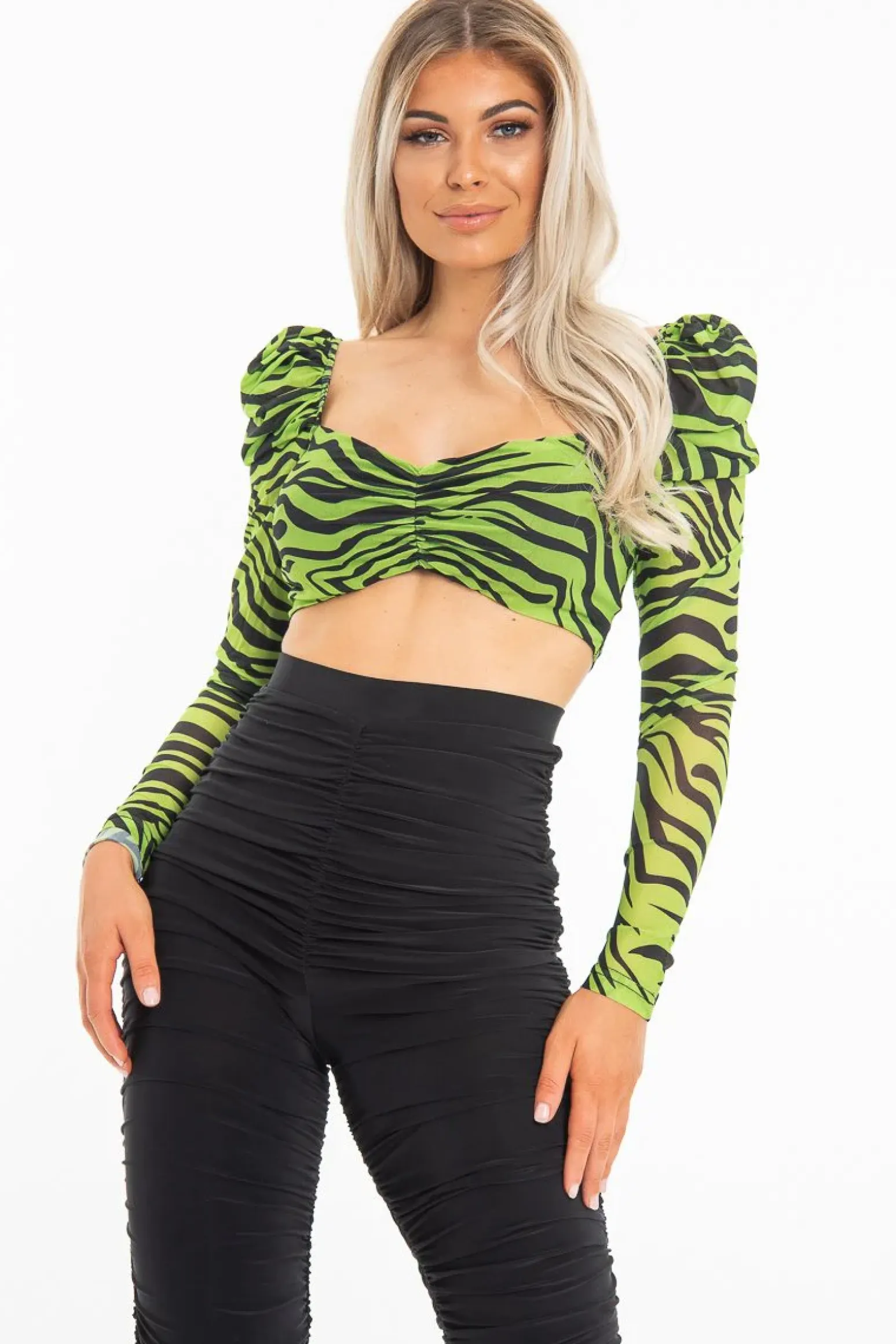 Rebellious Fashion Lime Animal Print Mesh Puff Sleeve Crop Top - Kiarra