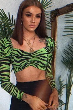 Rebellious Fashion Lime Animal Print Mesh Puff Sleeve Crop Top - Kiarra