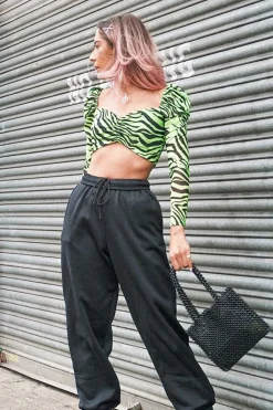 Rebellious Fashion Lime Animal Print Mesh Puff Sleeve Crop Top - Kiarra