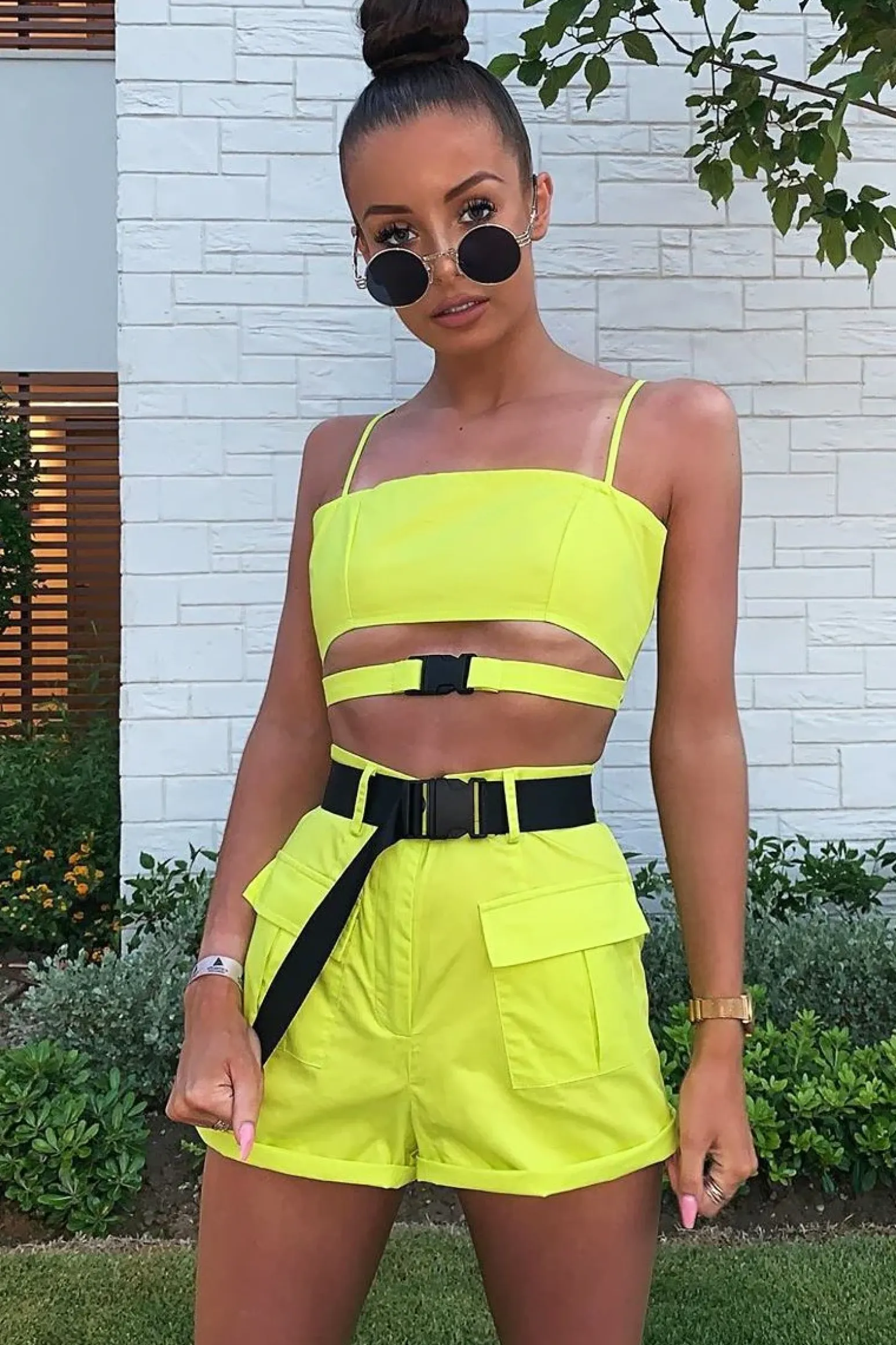 Rebellious Fashion Lime Buckle Utility Crop Top and Shorts Co-ord - Juri
