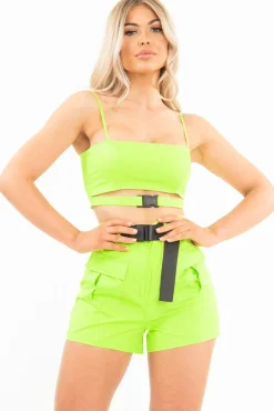 Rebellious Fashion Lime Buckle Utility Crop Top and Shorts Co-ord - Juri