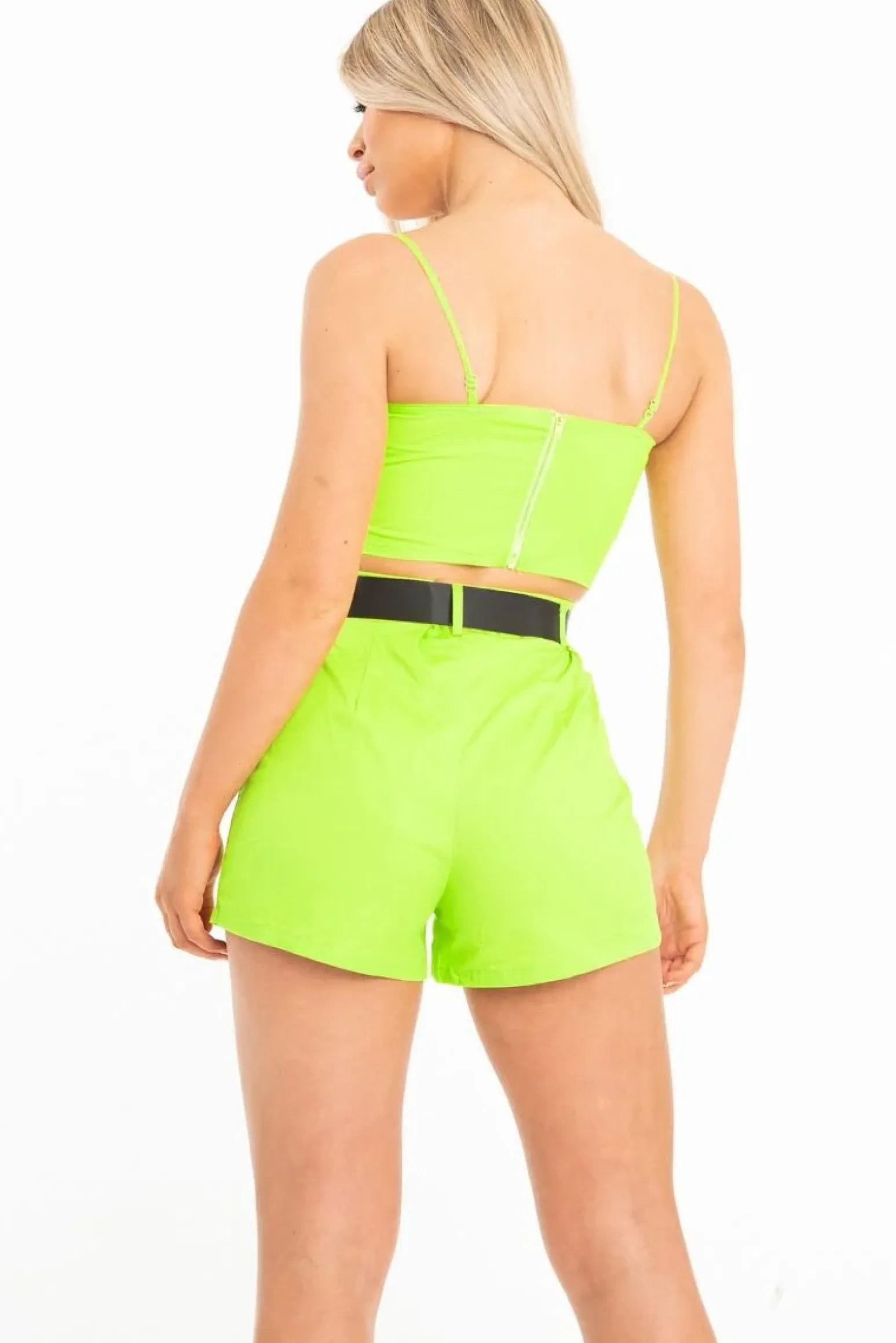 Rebellious Fashion Lime Buckle Utility Crop Top and Shorts Co-ord - Juri