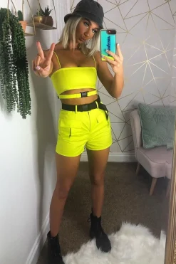 Rebellious Fashion Lime Buckle Utility Crop Top and Shorts Co-ord - Juri