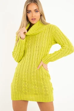 Rebellious Fashion Lime Cable Knit Roll Neck Jumper Dress - Matilda