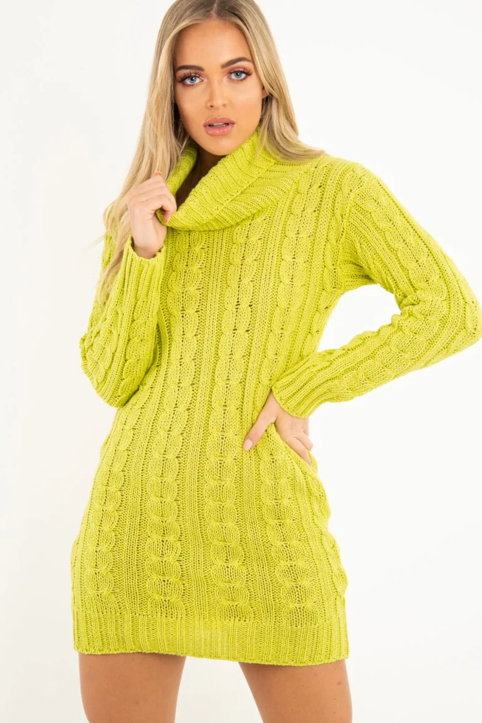 Rebellious Fashion Lime Cable Knit Roll Neck Jumper Dress - Matilda
