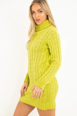 Rebellious Fashion Lime Cable Knit Roll Neck Jumper Dress - Matilda