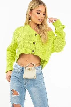 Rebellious Fashion Lime Chunky Knit Button Up Crop Cardigan - Elly
